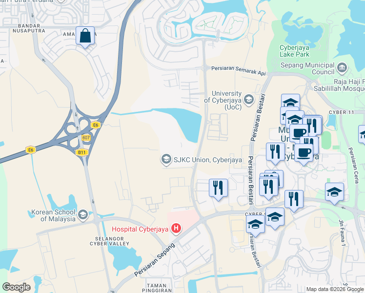 map of restaurants, bars, coffee shops, grocery stores, and more near Persiaran Sepang in Cyberjaya