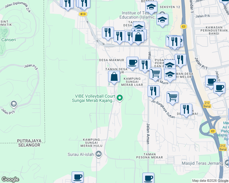 map of restaurants, bars, coffee shops, grocery stores, and more near Jalan Sungai Merab in Kajang