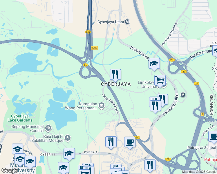 map of restaurants, bars, coffee shops, grocery stores, and more near Lingkaran Putrajaya in Cyberjaya