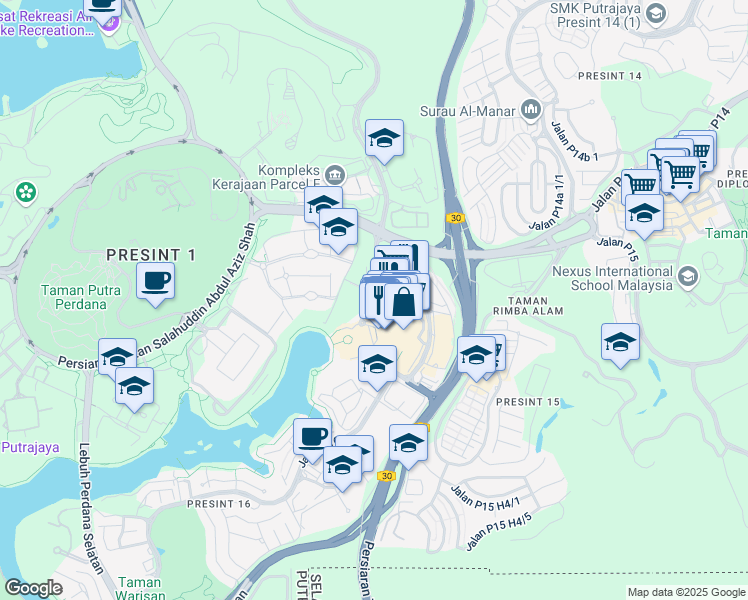 map of restaurants, bars, coffee shops, grocery stores, and more near Jalan Alamanda 1 in Putrajaya
