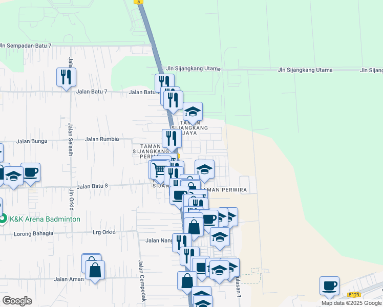 map of restaurants, bars, coffee shops, grocery stores, and more near Jalan Sijangkang Jaya 7 in Telok Panglima Garang