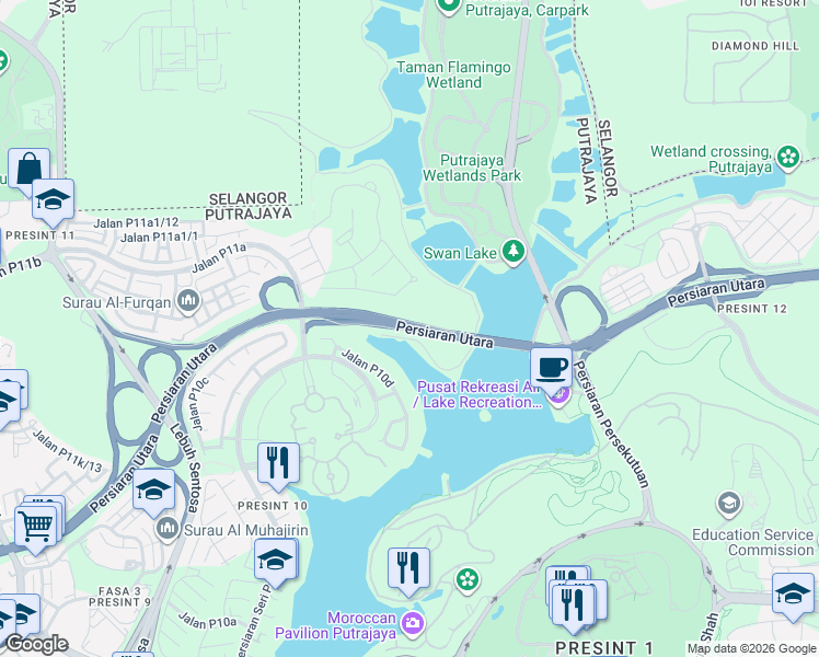 map of restaurants, bars, coffee shops, grocery stores, and more near Persiaran Utara in Putrajaya