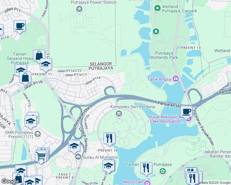 map of restaurants, bars, coffee shops, grocery stores, and more near Exit Persiaran Utara in Putrajaya