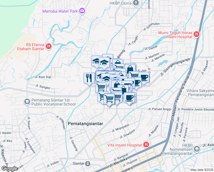 map of restaurants, bars, coffee shops, grocery stores, and more near 36 Jalan Bahbolon in Kota Pematang Siantar
