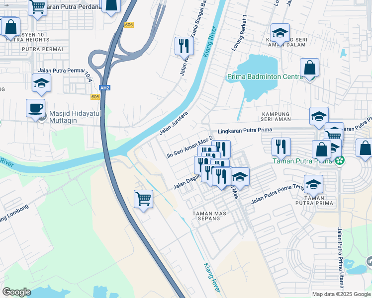 map of restaurants, bars, coffee shops, grocery stores, and more near Lorong Seri Aman Mas 2 in Puchong