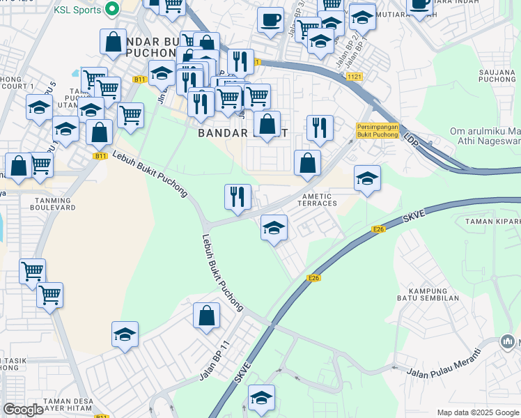 map of restaurants, bars, coffee shops, grocery stores, and more near Jalan Bukit Puchong in Puchong