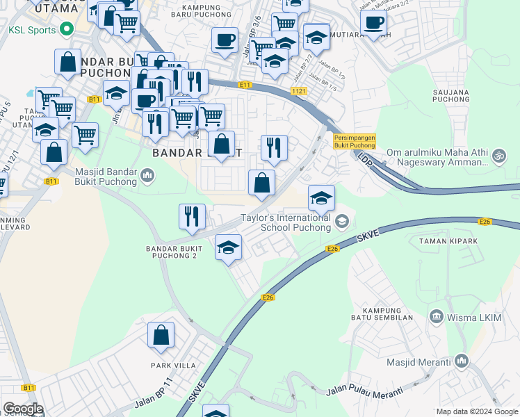 map of restaurants, bars, coffee shops, grocery stores, and more near Jalan Bukit Puchong in Puchong