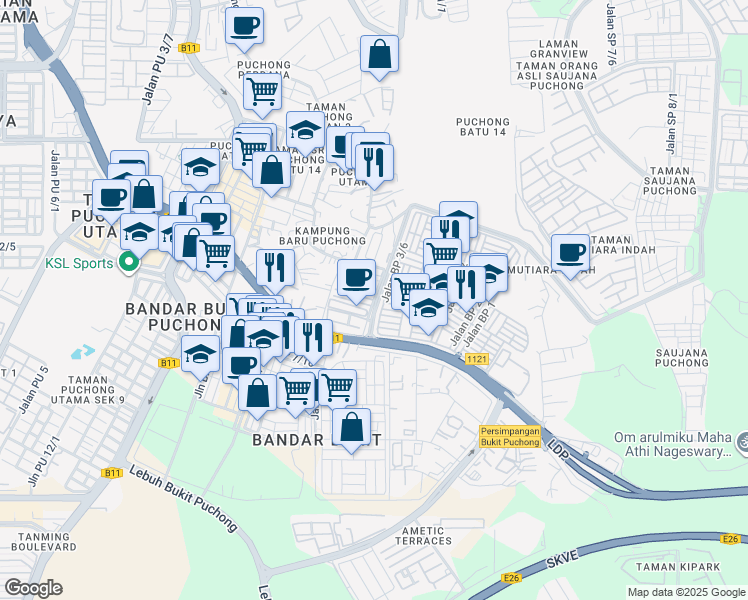 map of restaurants, bars, coffee shops, grocery stores, and more near Persiaran Bukit Puchong in Puchong