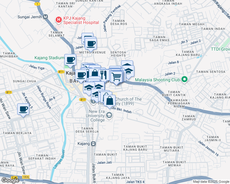 map of restaurants, bars, coffee shops, grocery stores, and more near Jalan Changkat in Kajang