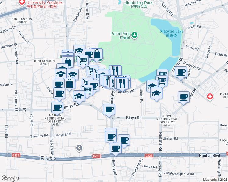 map of restaurants, bars, coffee shops, grocery stores, and more near Jin Niu Lu in Hai Kou Shi