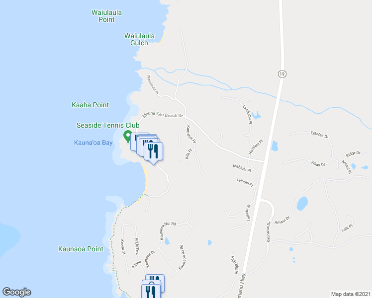 map of restaurants, bars, coffee shops, grocery stores, and more near 62-114 Kila Place in Waimea