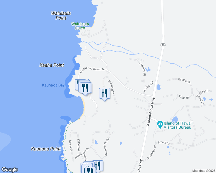 map of restaurants, bars, coffee shops, grocery stores, and more near 62-150 Kamahoi Place in Waimea