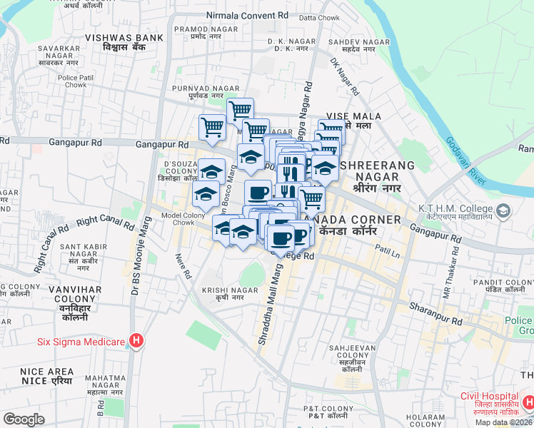 map of restaurants, bars, coffee shops, grocery stores, and more near Thatte Wadi Road in Nashik