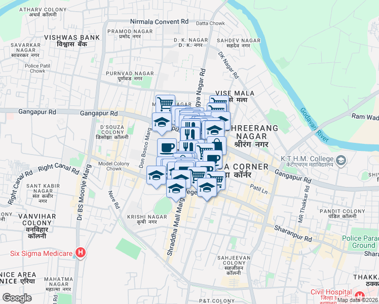 map of restaurants, bars, coffee shops, grocery stores, and more near Thatte Wadi Road in Nashik