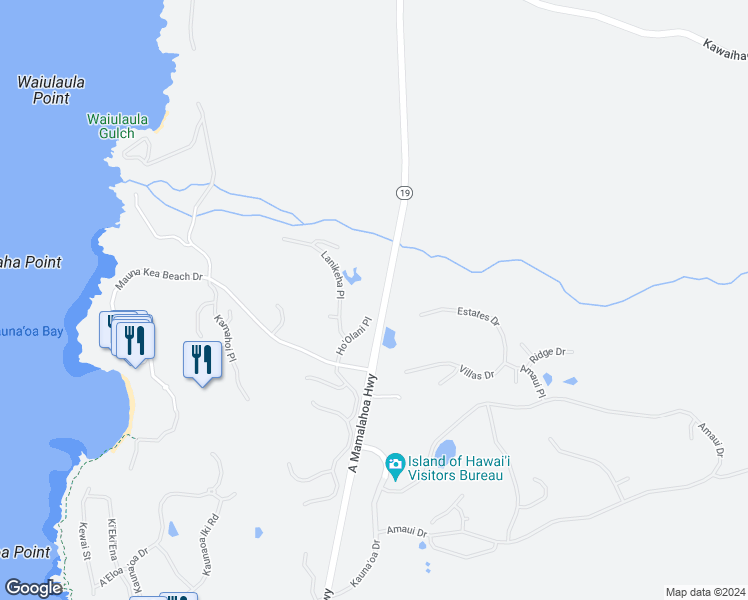 map of restaurants, bars, coffee shops, grocery stores, and more near 62-3456 Ho'Olani Place in Waimea