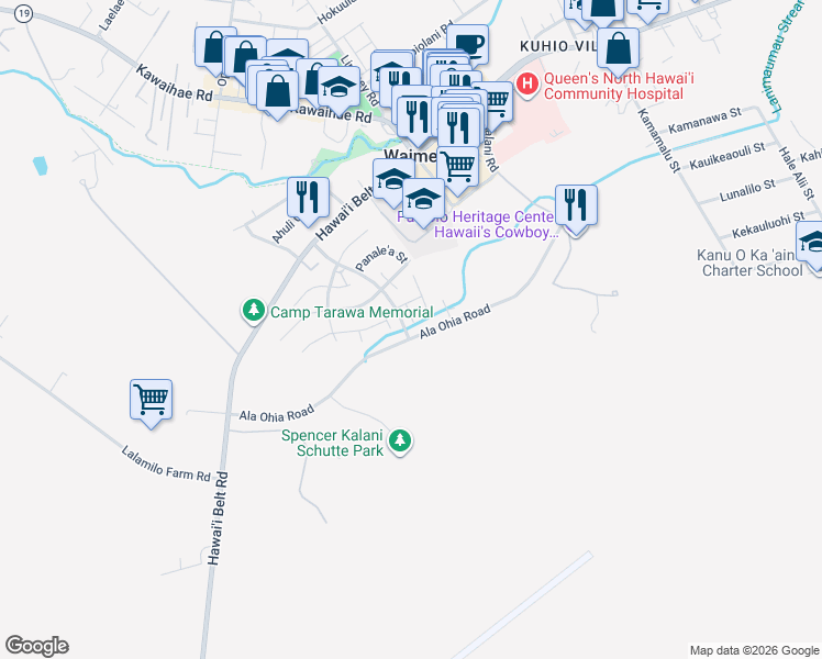 map of restaurants, bars, coffee shops, grocery stores, and more near 67-1223 Puehale Place in Waimea