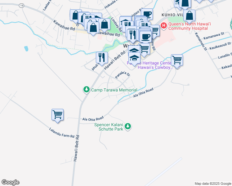 map of restaurants, bars, coffee shops, grocery stores, and more near 67-1275 La'ikealoha Street in Waimea