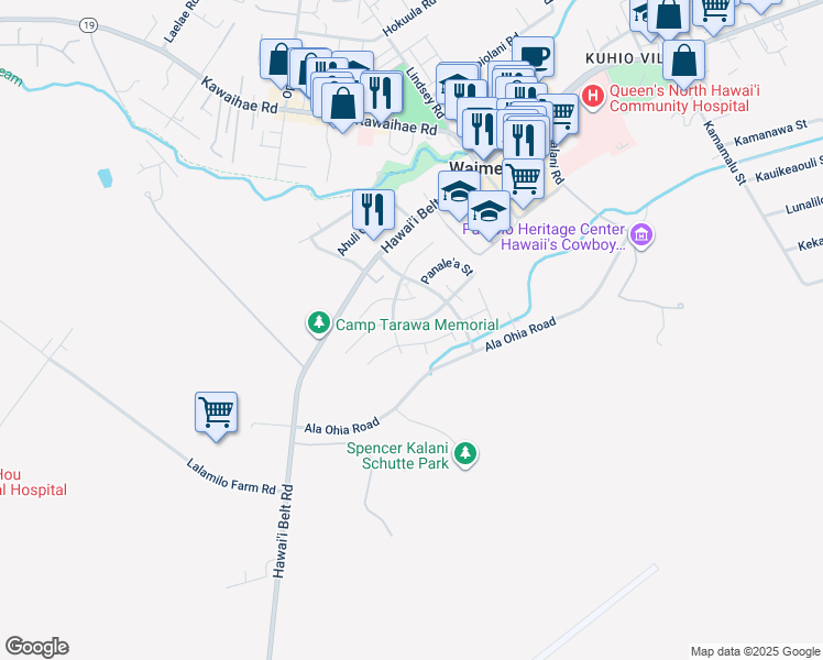 map of restaurants, bars, coffee shops, grocery stores, and more near 67-1275 La'ikealoha Street in Waimea