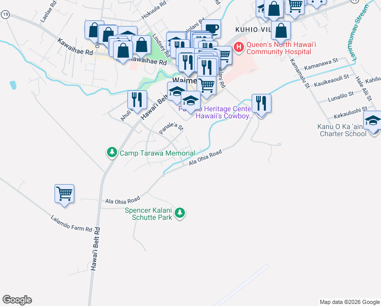 map of restaurants, bars, coffee shops, grocery stores, and more near 67-1223 Puehale Place in Waimea