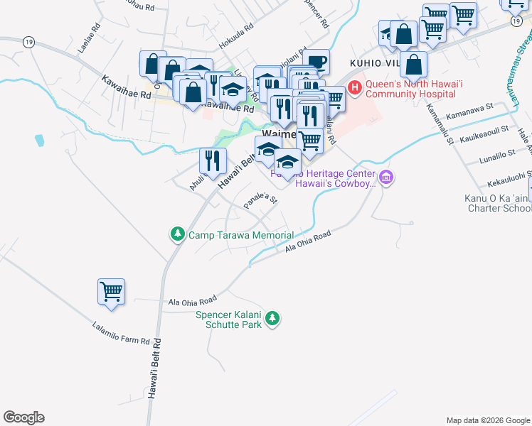 map of restaurants, bars, coffee shops, grocery stores, and more near 67-1244 La'ikealoha Street in Waimea