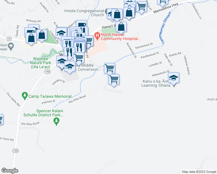 map of restaurants, bars, coffee shops, grocery stores, and more near 67-5000 Holo Holo Ku Way in Waimea