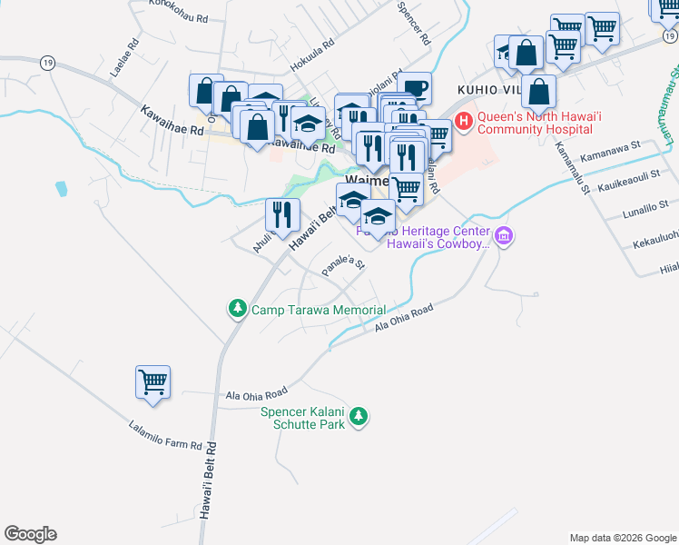 map of restaurants, bars, coffee shops, grocery stores, and more near 67-1244 La'ikealoha Street in Waimea