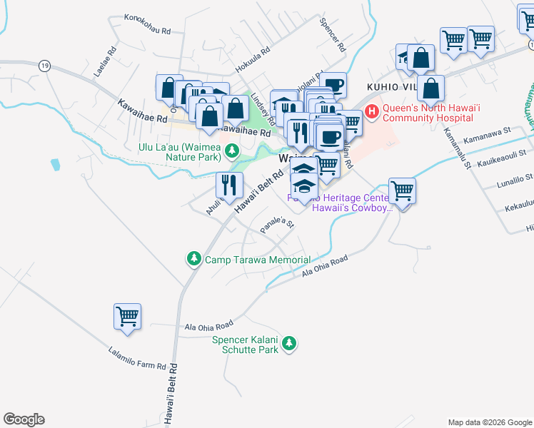 map of restaurants, bars, coffee shops, grocery stores, and more near 67-1256 Kaomoloa Place in Waimea