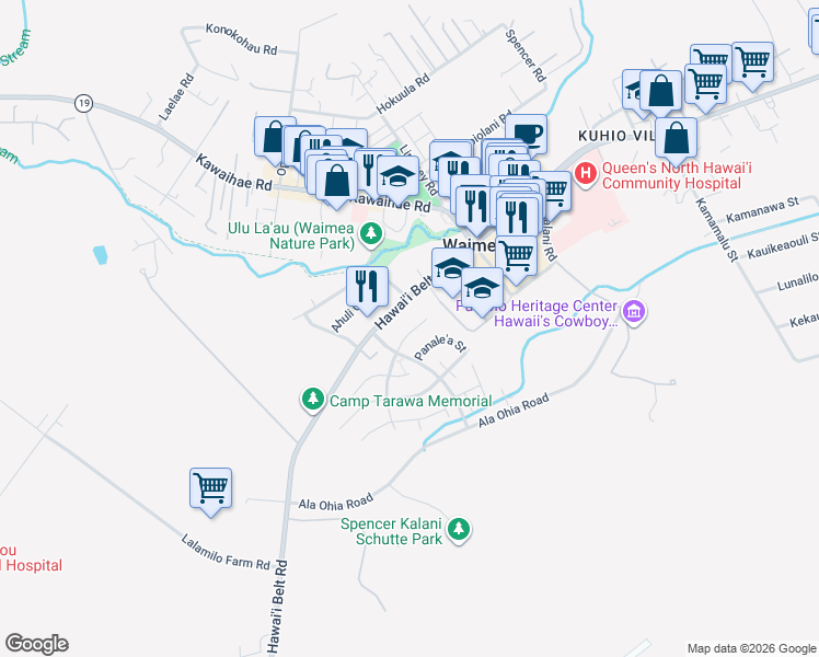 map of restaurants, bars, coffee shops, grocery stores, and more near 67-1256 Kaomoloa Place in Waimea