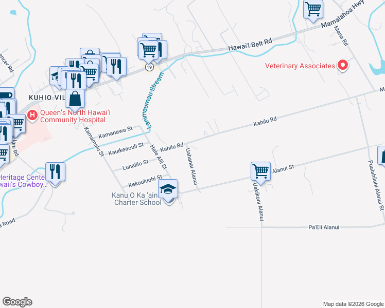 map of restaurants, bars, coffee shops, grocery stores, and more near 64-5128 Uahanai Alanui in Waimea