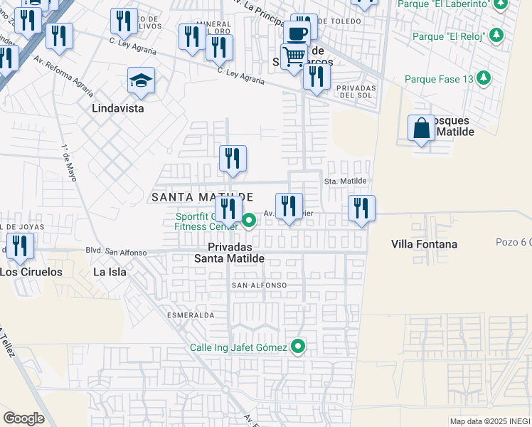 map of restaurants, bars, coffee shops, grocery stores, and more near Avenida San Javier in Privadas Santa Matilde