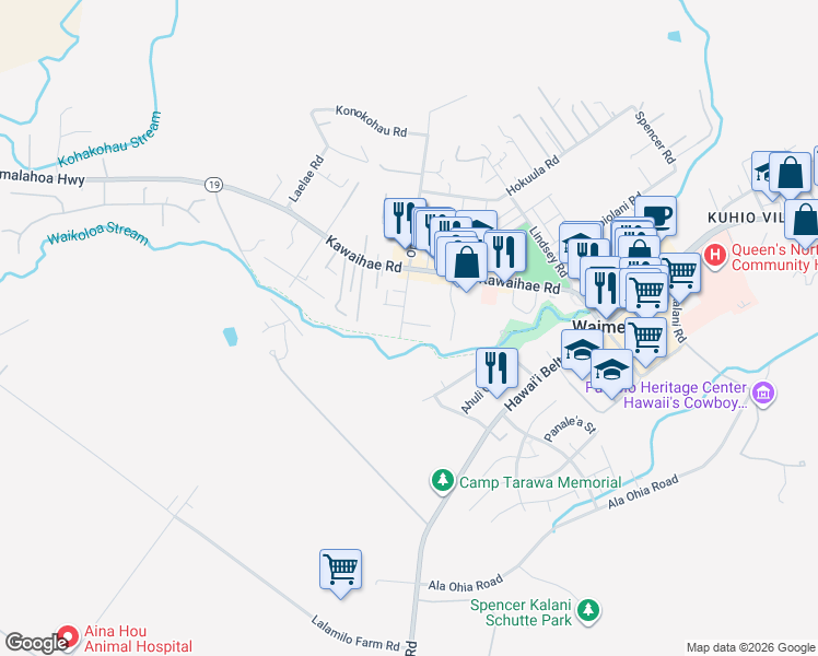 map of restaurants, bars, coffee shops, grocery stores, and more near 65-1182 Opelo Road in Waimea