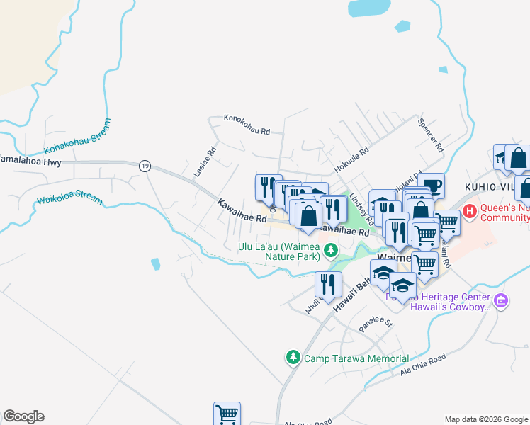 map of restaurants, bars, coffee shops, grocery stores, and more near 65-1236 Hookipa Street in Waimea