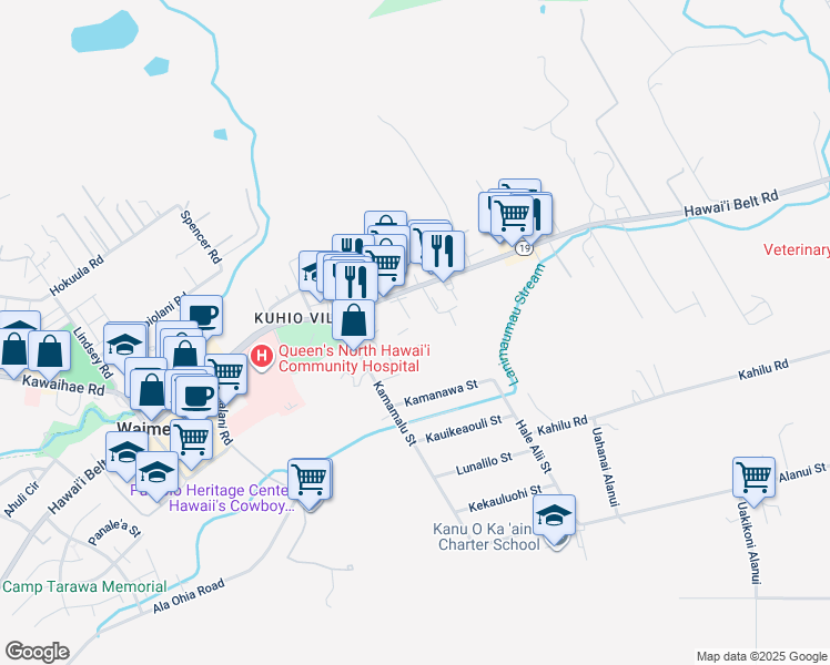 map of restaurants, bars, coffee shops, grocery stores, and more near 64-5168 Kinohou Street in Waimea