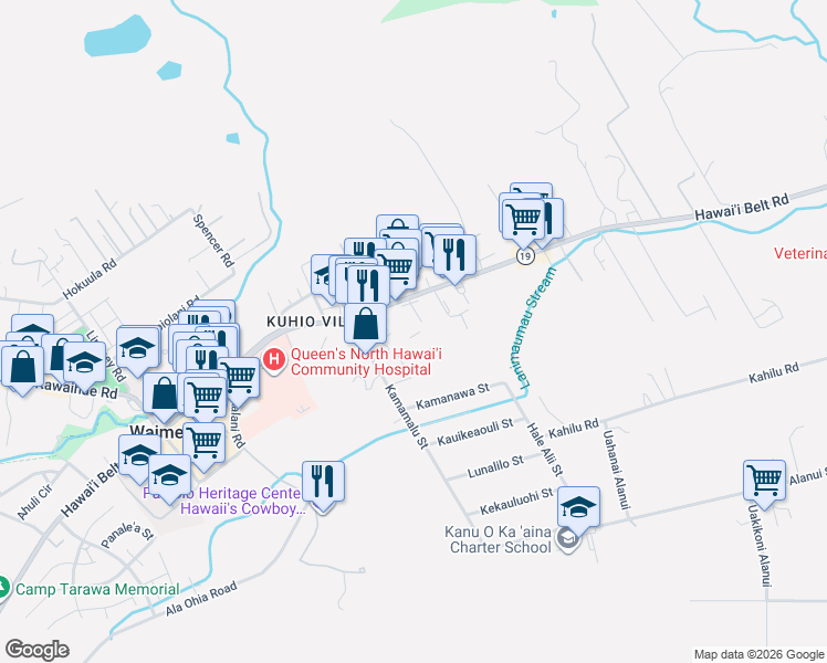 map of restaurants, bars, coffee shops, grocery stores, and more near 64-5177 Kinohou Street in Waimea