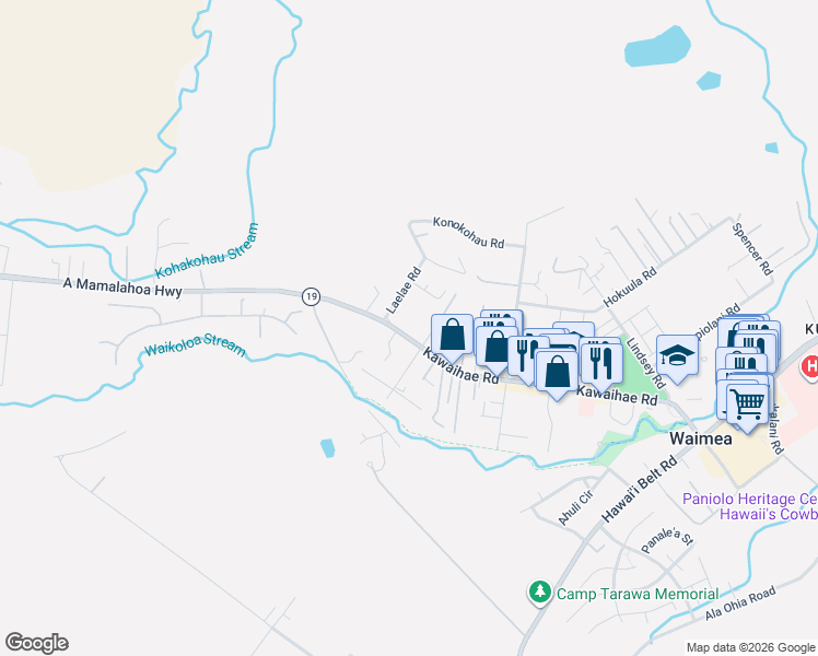 map of restaurants, bars, coffee shops, grocery stores, and more near 65-1228 Laelae Road in Waimea