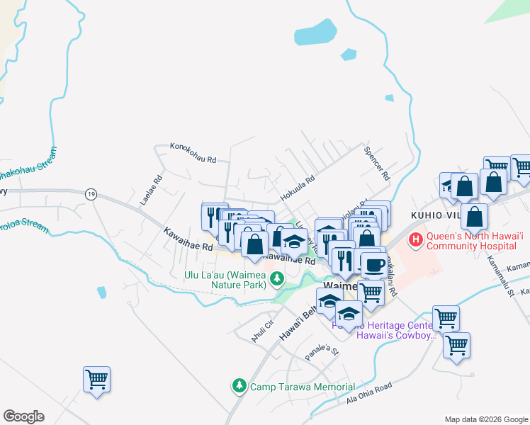 map of restaurants, bars, coffee shops, grocery stores, and more near 1205 Hokuula Road in Waimea