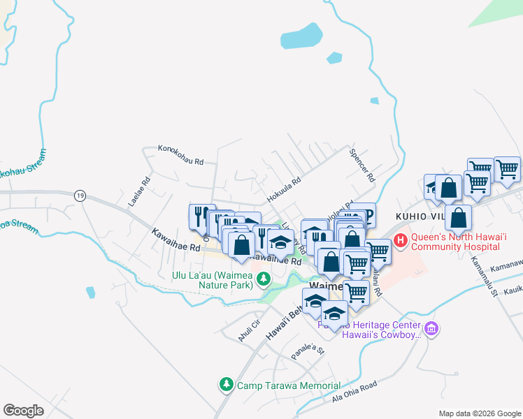 map of restaurants, bars, coffee shops, grocery stores, and more near 1205 Hokuula Road in Waimea