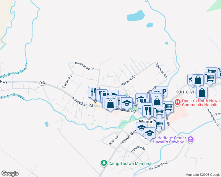 map of restaurants, bars, coffee shops, grocery stores, and more near 65-1219 Hokuula Road in Waimea