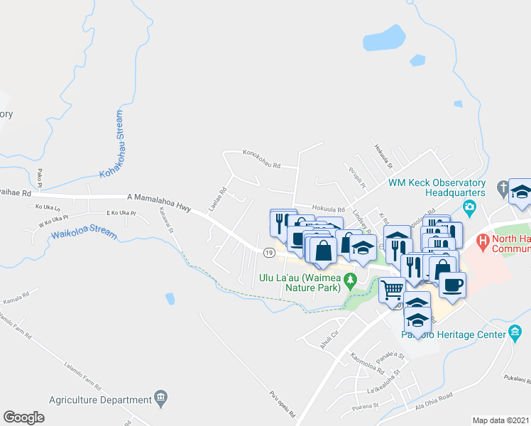 map of restaurants, bars, coffee shops, grocery stores, and more near 65-1320 Pomaikai Place in Waimea