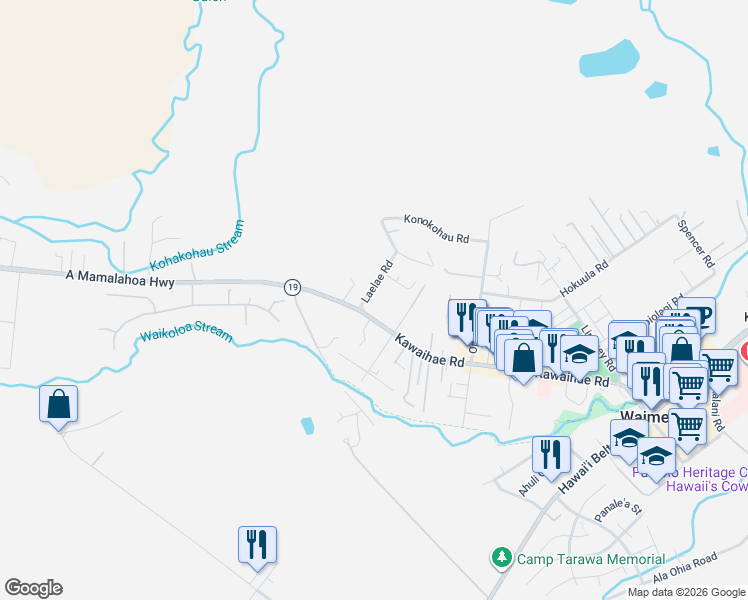 map of restaurants, bars, coffee shops, grocery stores, and more near 65-1228 Laelae Road in Waimea