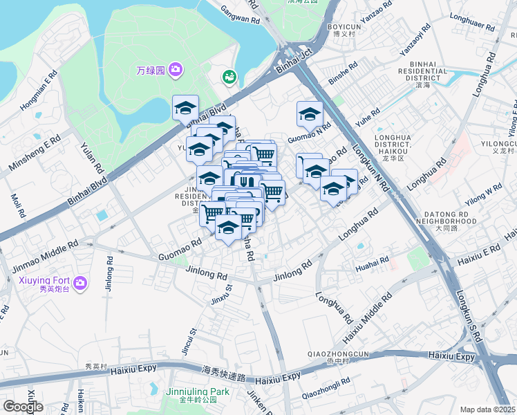 map of restaurants, bars, coffee shops, grocery stores, and more near Guo Mao Lu in Hai Kou Shi