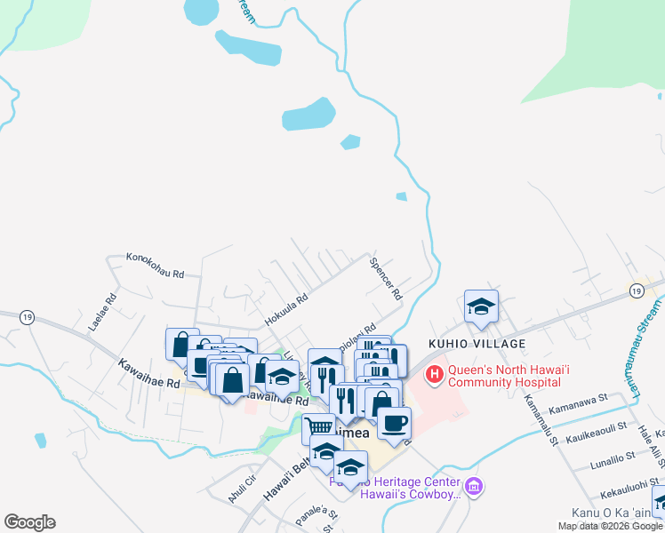 map of restaurants, bars, coffee shops, grocery stores, and more near 65-1136 Hokuula Road in Waimea