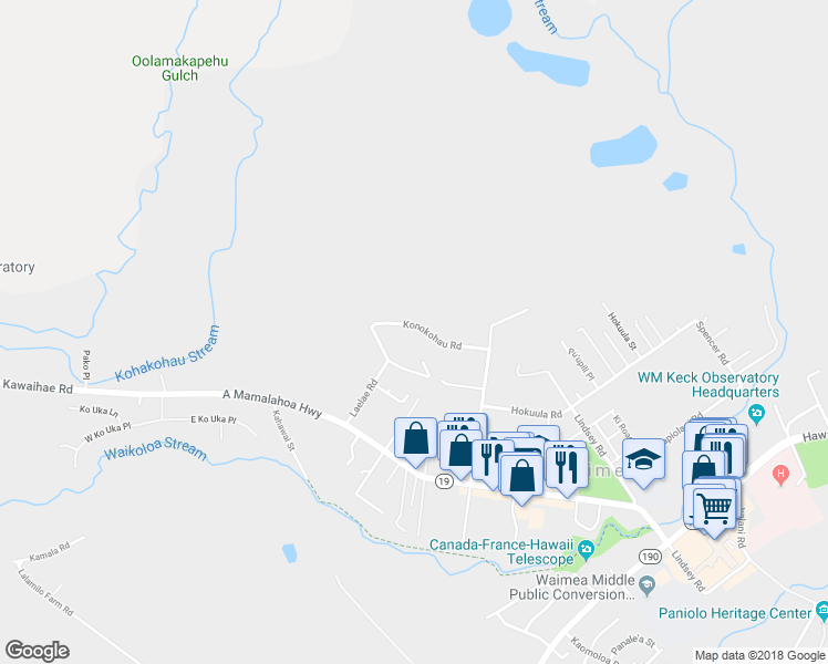 map of restaurants, bars, coffee shops, grocery stores, and more near 65-1351 Konokohau Road in Waimea