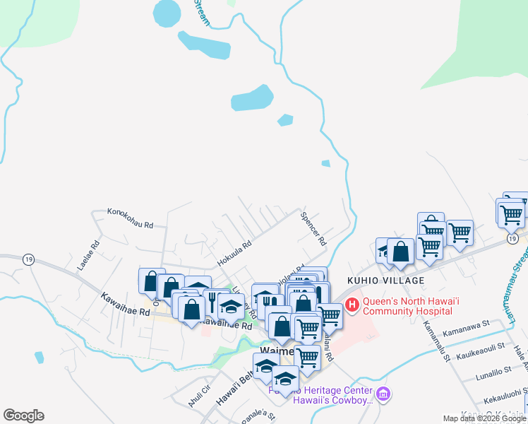 map of restaurants, bars, coffee shops, grocery stores, and more near 65-1136 Hokuula Road in Waimea