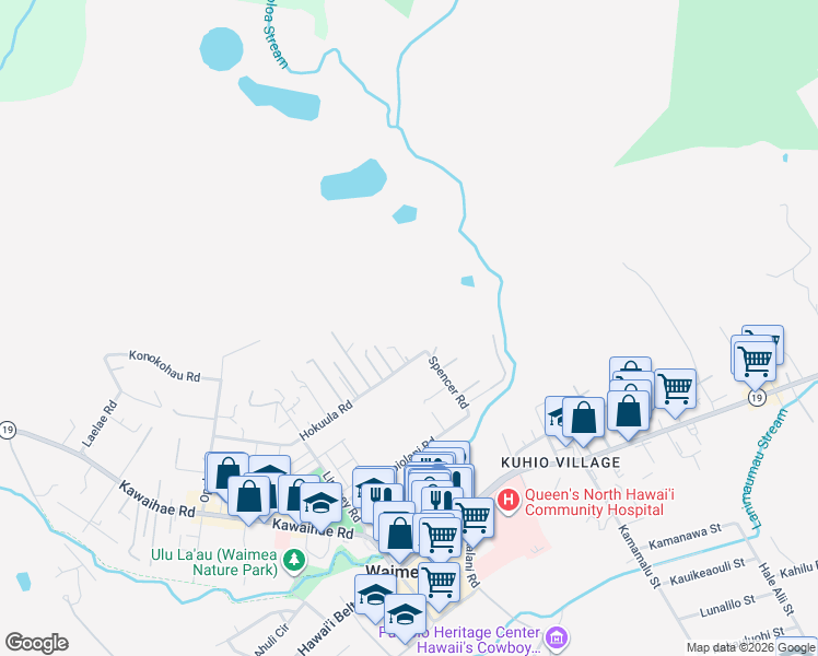 map of restaurants, bars, coffee shops, grocery stores, and more near 65-1104 Hokuula Road in Waimea