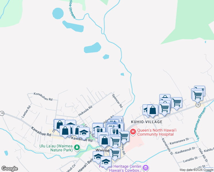 map of restaurants, bars, coffee shops, grocery stores, and more near 65-1104 Hokuula Road in Waimea