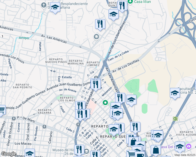map of restaurants, bars, coffee shops, grocery stores, and more near Avenida de Los Libertadores in Santiago de Cuba