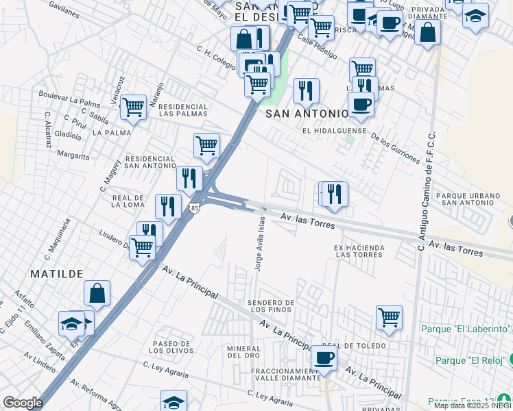 map of restaurants, bars, coffee shops, grocery stores, and more near Boulevard Las Torres in Pachuca de Soto