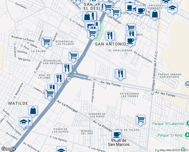 map of restaurants, bars, coffee shops, grocery stores, and more near Boulevard Las Torres in Pachuca de Soto