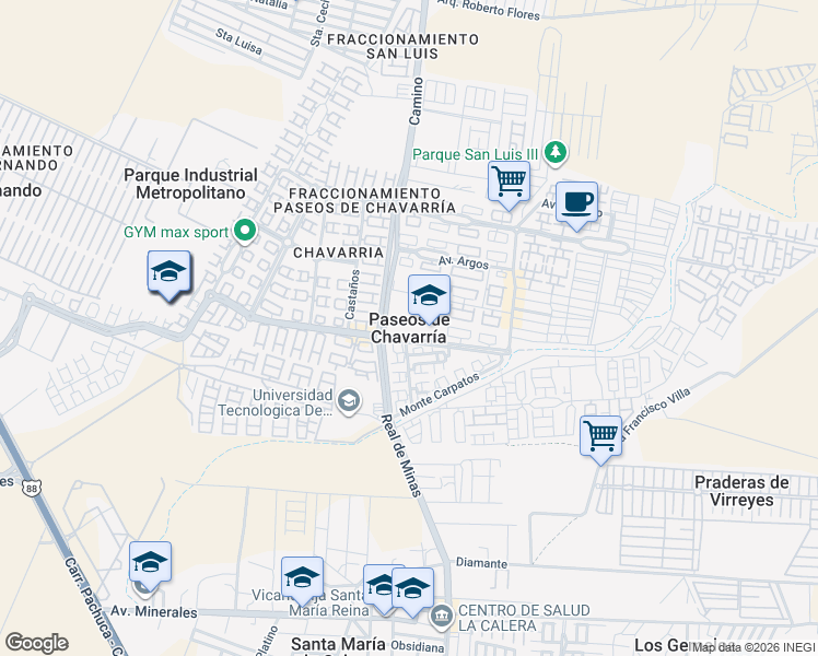 map of restaurants, bars, coffee shops, grocery stores, and more near in Paseos de Chavarría